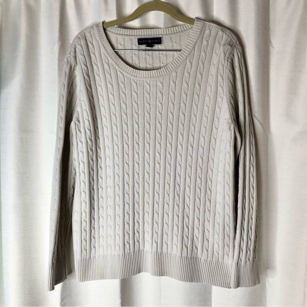 Karen Scott cream Bone Cotton Preppy Cable Coastal Sweater size L Large